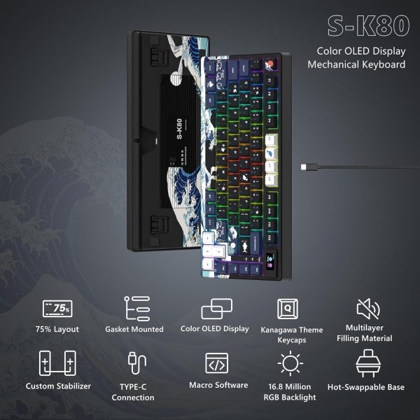 Womier S-K80 75% Keyboard with Color Multimedia Display Mechanical Gaming Keyboard, Wired Hot Swappable Gasket Mount RGB Custom Key Board, Pre-lubed Stabilizer for Mac/Win, Black Kanagawa - Image 6